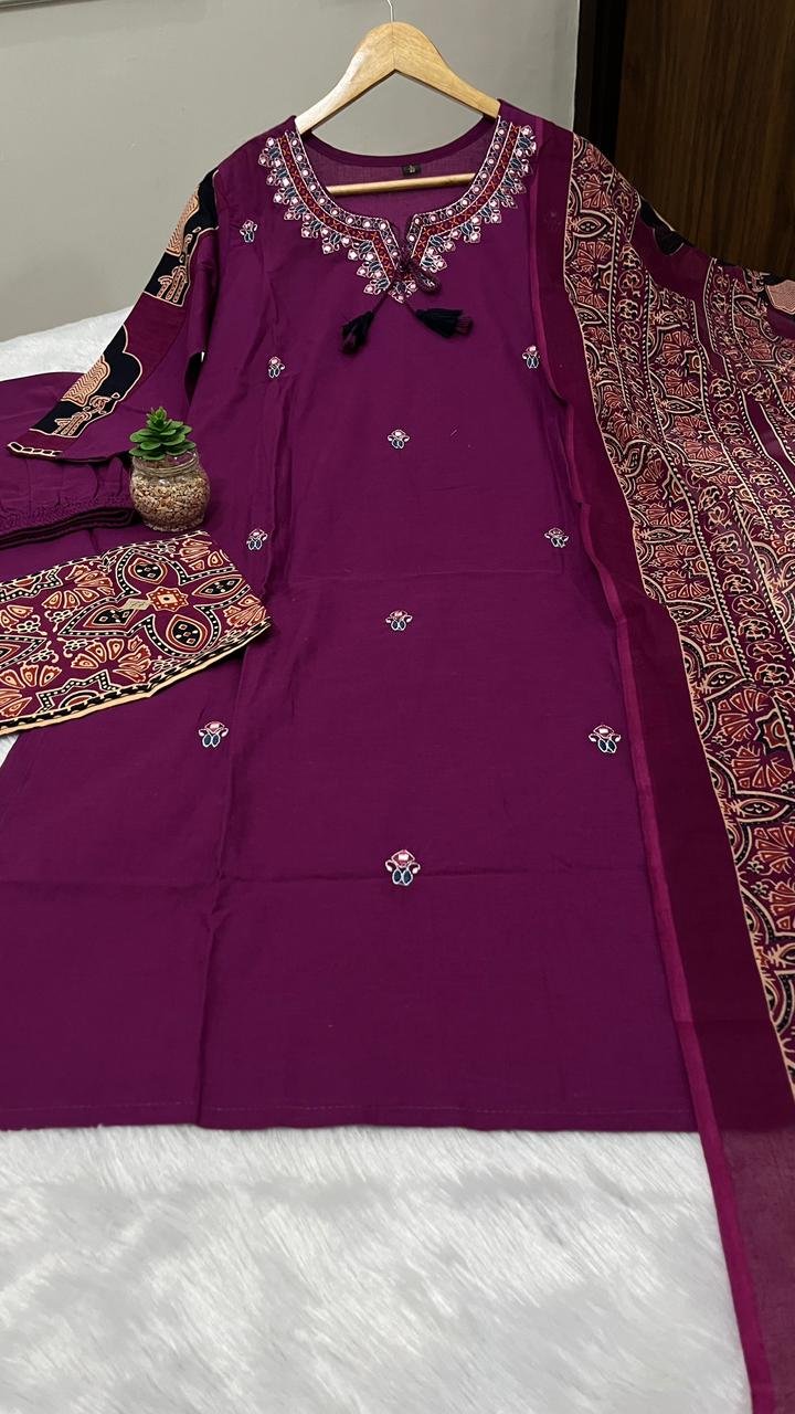 Heavy Cotton Embroidered Kurti Pant Dupatta Set
